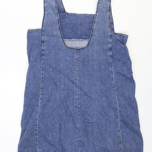 Topshop Womens Blue Cotton Pinafore/Dungaree Dress Size 10 Square Neck Pullover