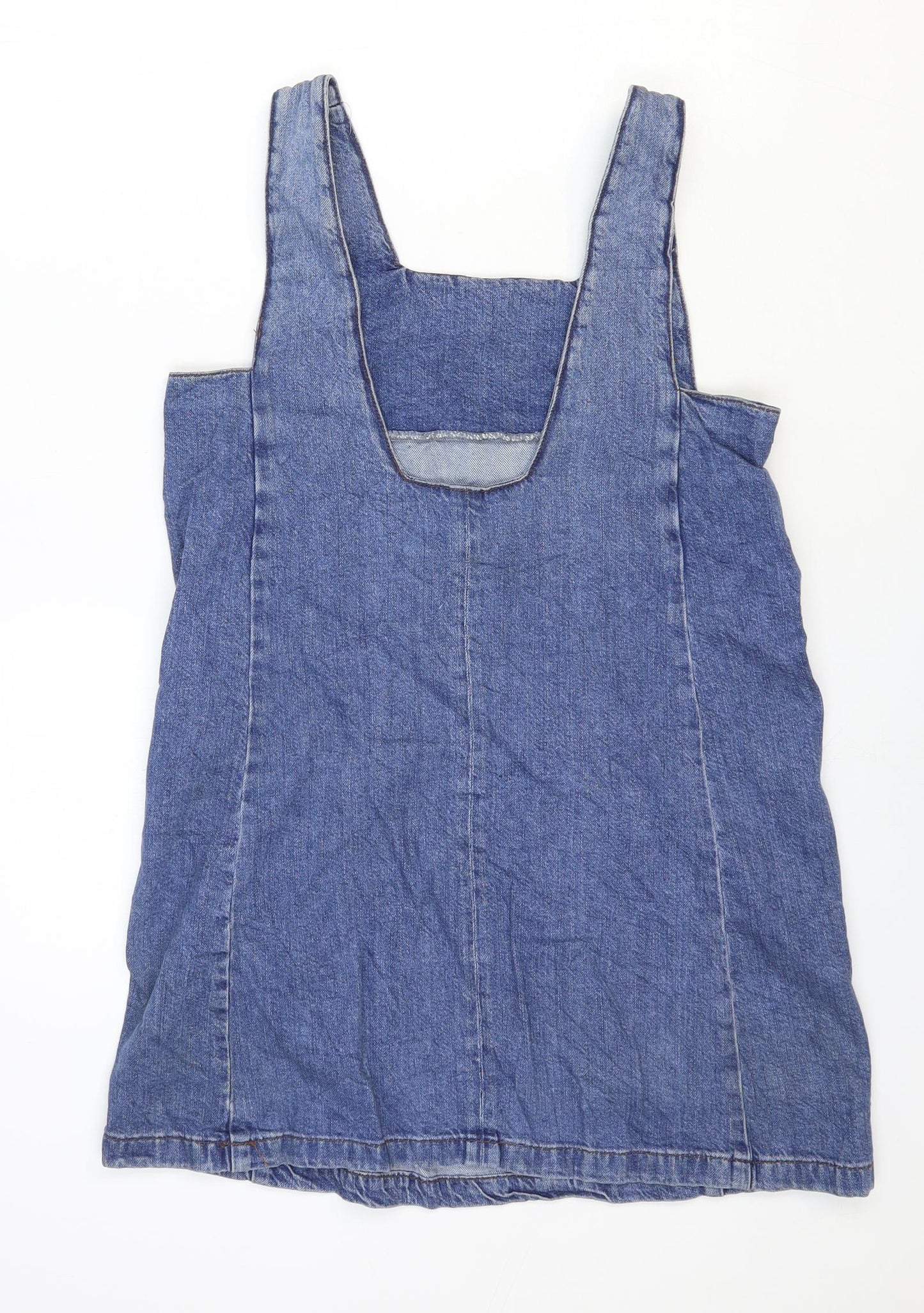 Topshop Womens Blue Cotton Pinafore/Dungaree Dress Size 10 Square Neck Pullover