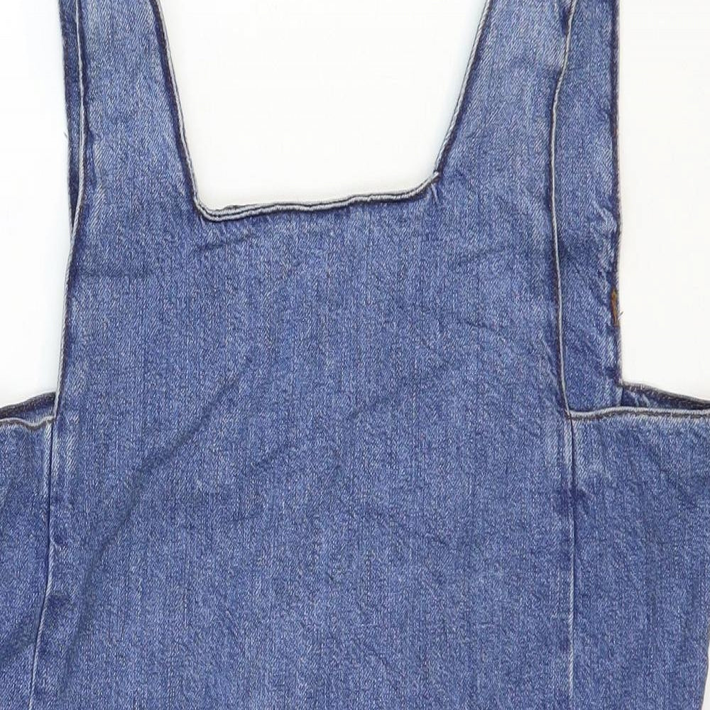 Topshop Womens Blue Cotton Pinafore/Dungaree Dress Size 10 Square Neck Pullover