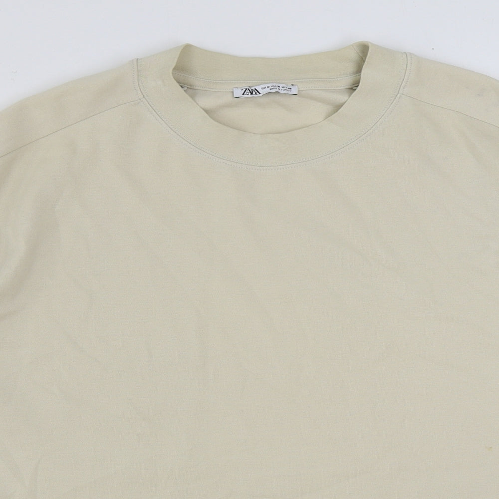 Zara Womens Beige Cotton Basic T-Shirt Size M Round Neck