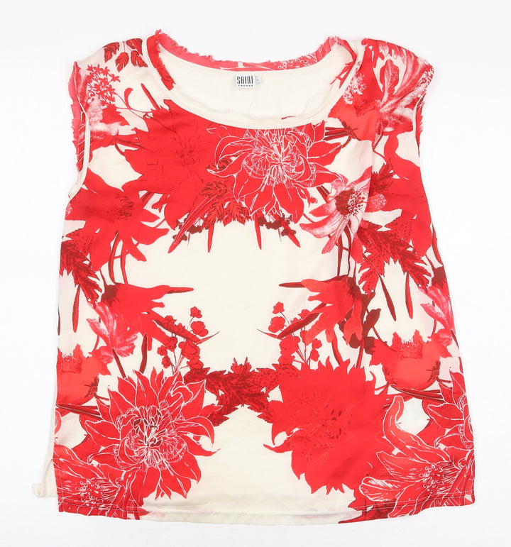Saint Tropez Clothing Womens Red Floral Polyester Basic Blouse Size L Boat Neck