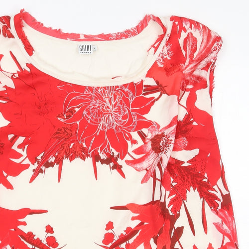 Saint Tropez Clothing Womens Red Floral Polyester Basic Blouse Size L Boat Neck