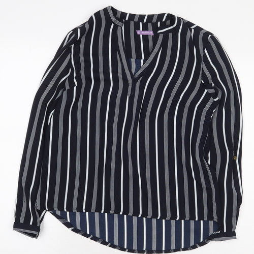 Avenue Womens Blue Striped Polyester Basic Blouse Size 8 V-Neck