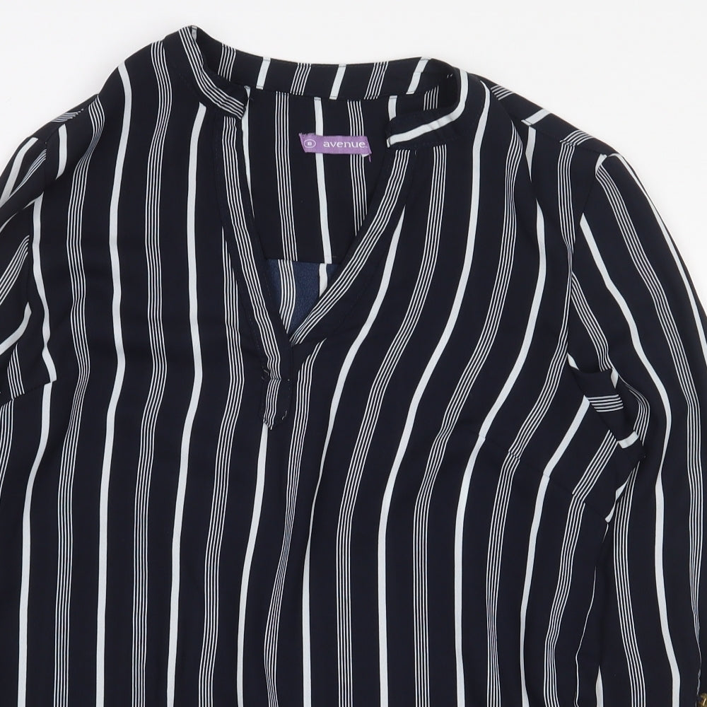 Avenue Womens Blue Striped Polyester Basic Blouse Size 8 V-Neck