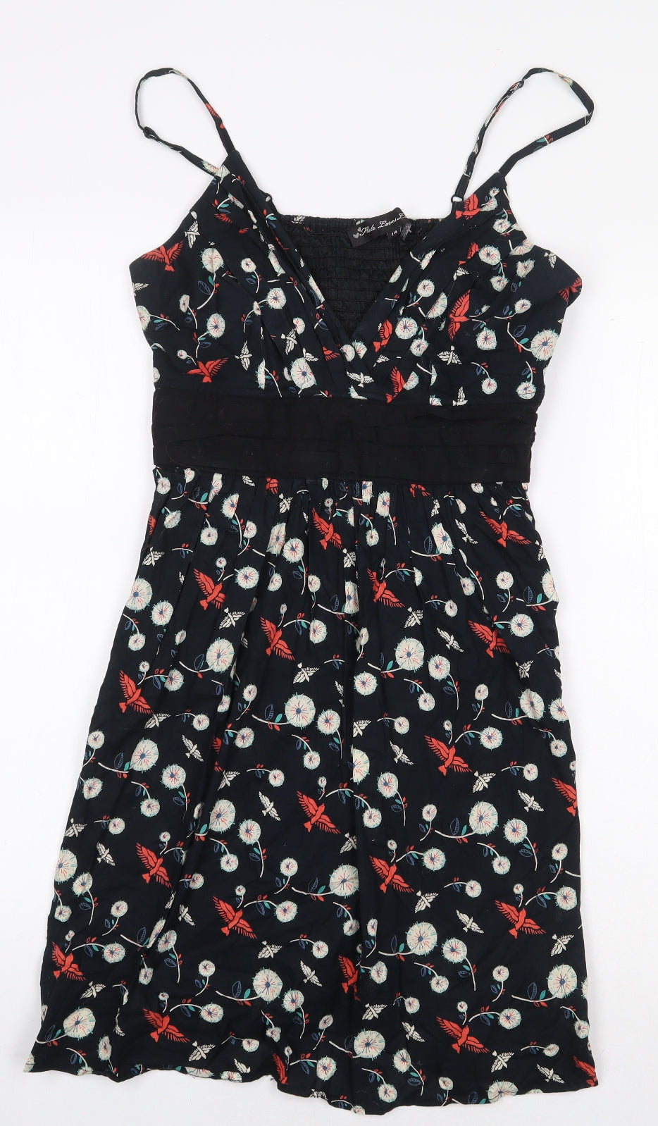 Mela Loves London Womens Black Floral 100% Cotton A-Line Size 14 V-Neck Tie