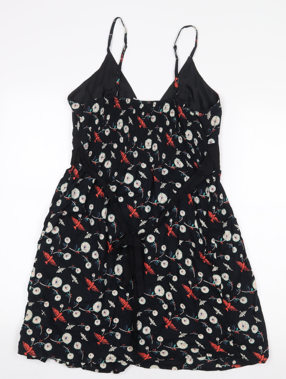 Mela Loves London Womens Black Floral 100% Cotton A-Line Size 14 V-Neck Tie