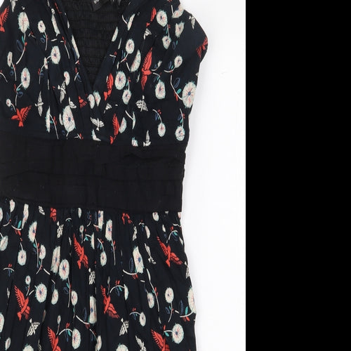 Mela Loves London Womens Black Floral 100% Cotton A-Line Size 14 V-Neck Tie