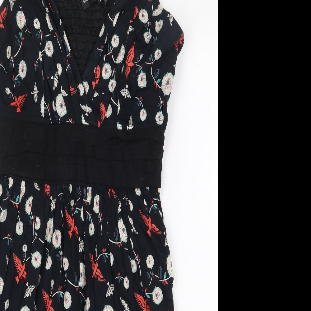Mela Loves London Womens Black Floral 100% Cotton A-Line Size 14 V-Neck Tie