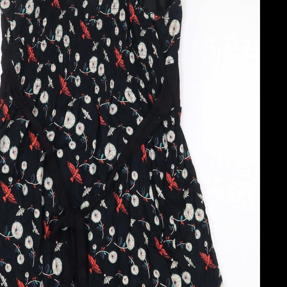 Mela Loves London Womens Black Floral 100% Cotton A-Line Size 14 V-Neck Tie