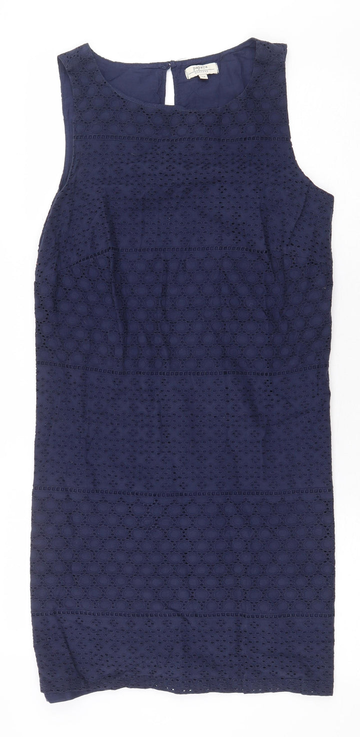 Papaya Womens Blue Geometric 100% Cotton Pencil Dress Size 12 Scoop Neck Button - Cut Out Holes