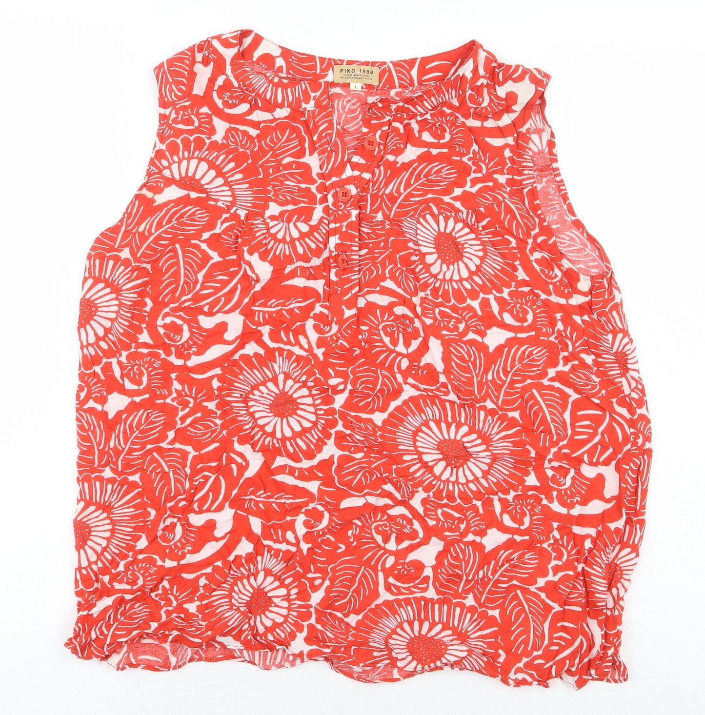 PIKO Womens Red Floral Polyester Basic Blouse Size L Boat Neck