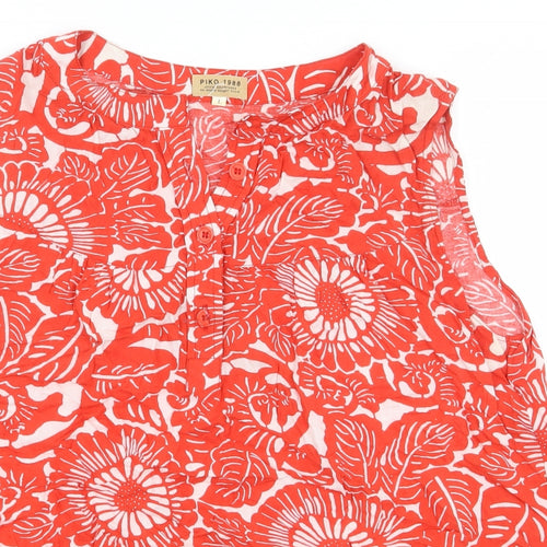 PIKO Womens Red Floral Polyester Basic Blouse Size L Boat Neck