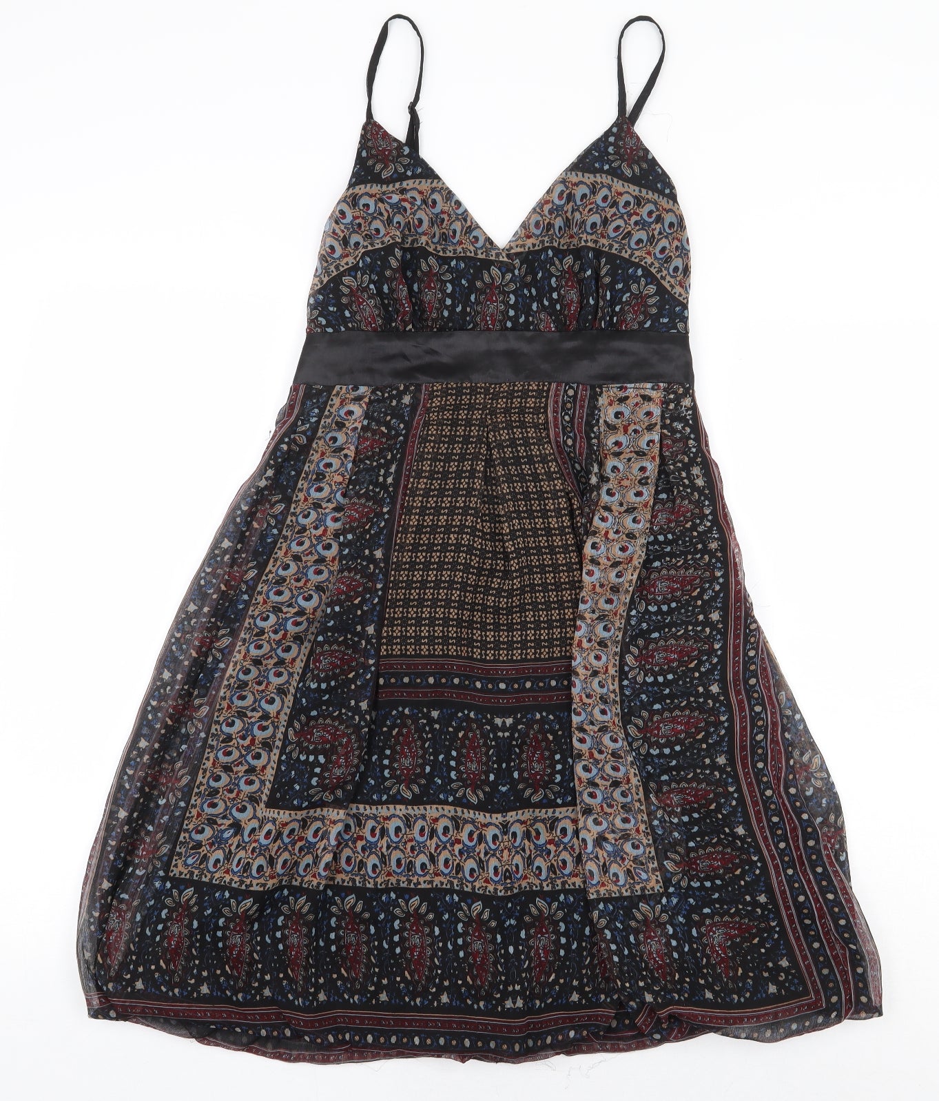 Miso Womens Black Geometric Polyester A-Line Size 12 V-Neck Zip