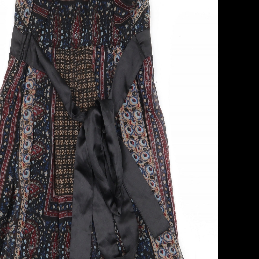 Miso Womens Black Geometric Polyester A-Line Size 12 V-Neck Zip