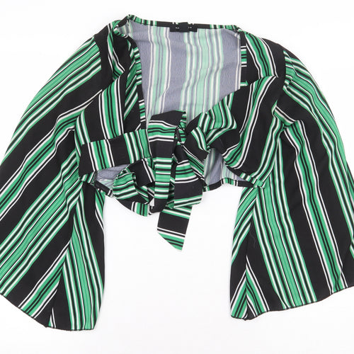 New Look Womens Green Striped Polyester Cropped Blouse Size 8 V-Neck