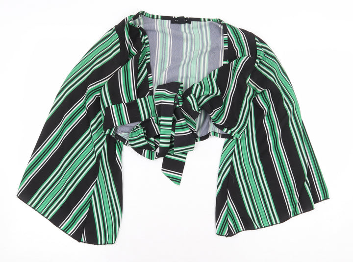 New Look Womens Green Striped Polyester Cropped Blouse Size 8 V-Neck