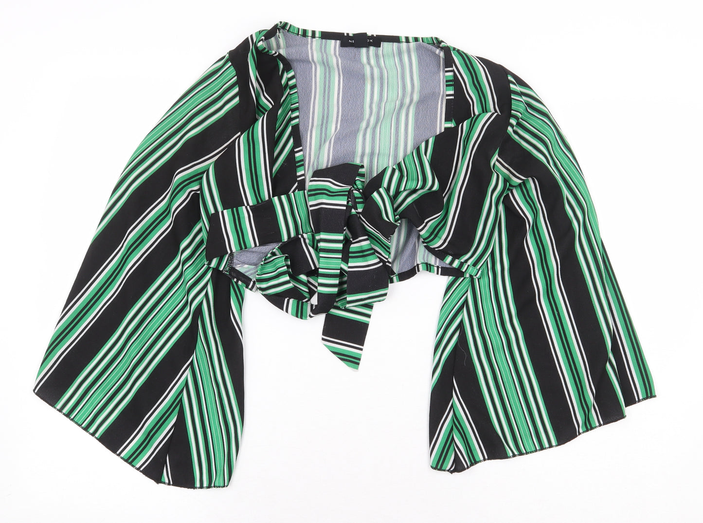 New Look Womens Green Striped Polyester Cropped Blouse Size 8 V-Neck