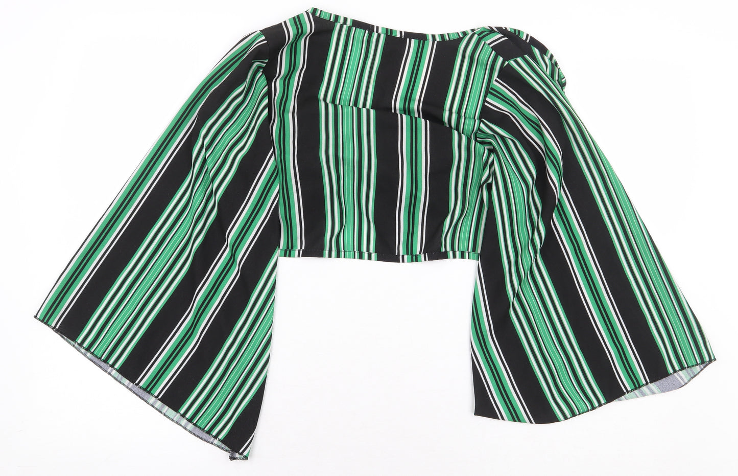 New Look Womens Green Striped Polyester Cropped Blouse Size 8 V-Neck