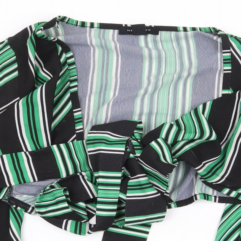 New Look Womens Green Striped Polyester Cropped Blouse Size 8 V-Neck