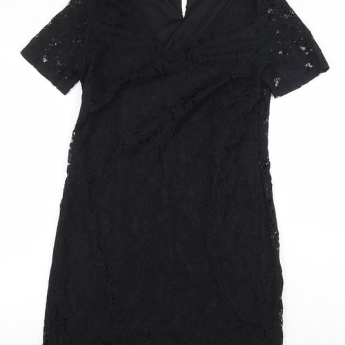 Dorothy Perkins Womens Black Floral Nylon Sheath Size 10 V-Neck Button