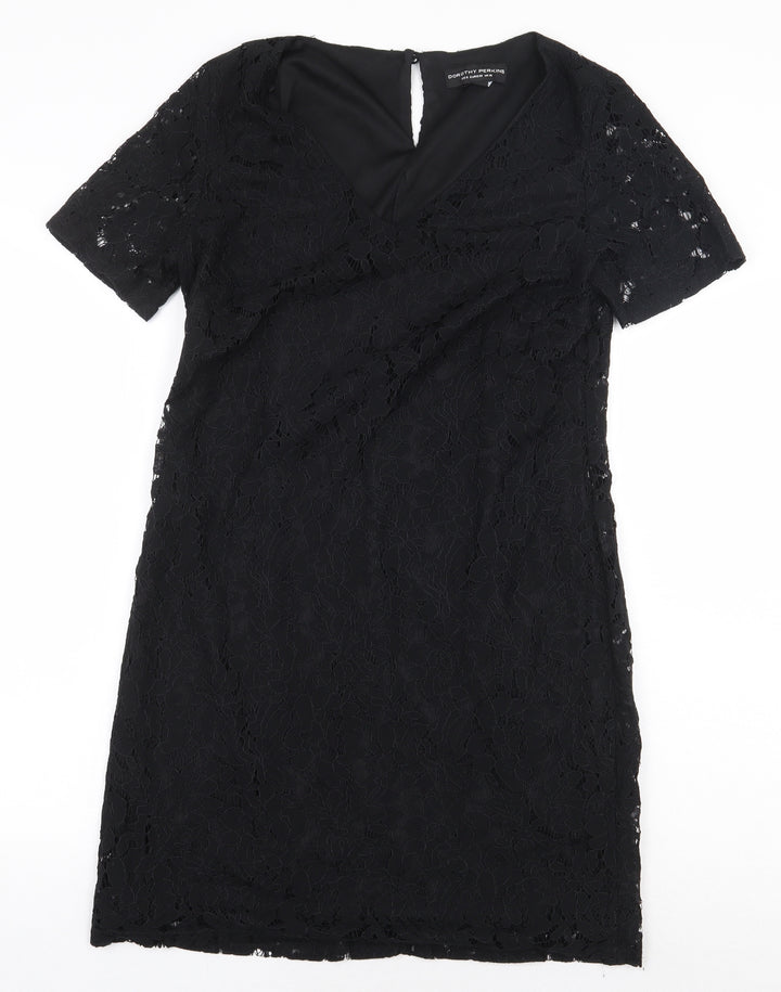 Dorothy Perkins Womens Black Floral Nylon Sheath Size 10 V-Neck Button