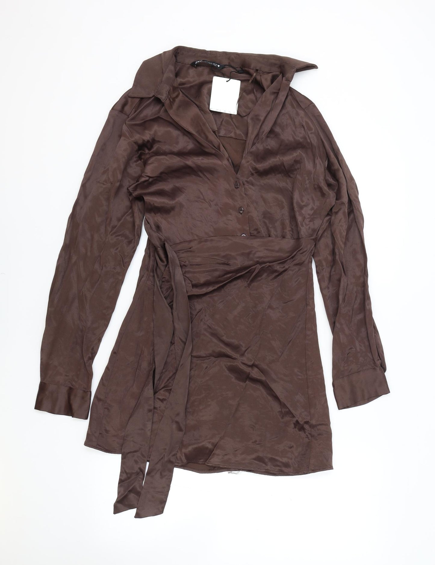 Zara Womens Brown Polyester Shirt Dress Size M Collared Button