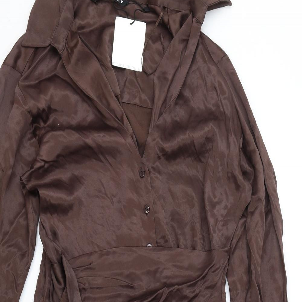 Zara Womens Brown Polyester Shirt Dress Size M Collared Button