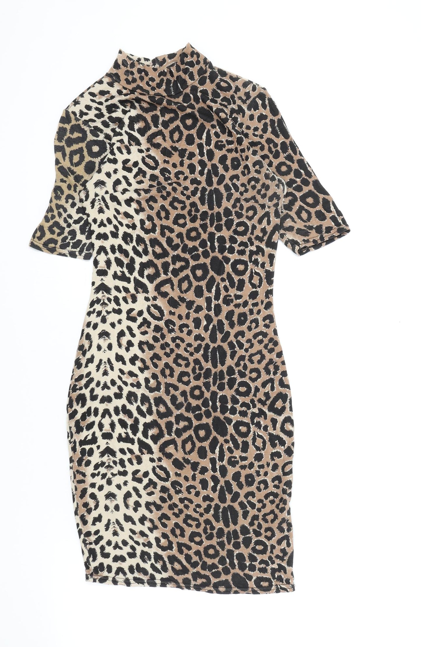 Boohoo Womens Brown Animal Print Viscose Bodycon Size 8 Mock Neck Pullover - Cheetah Print