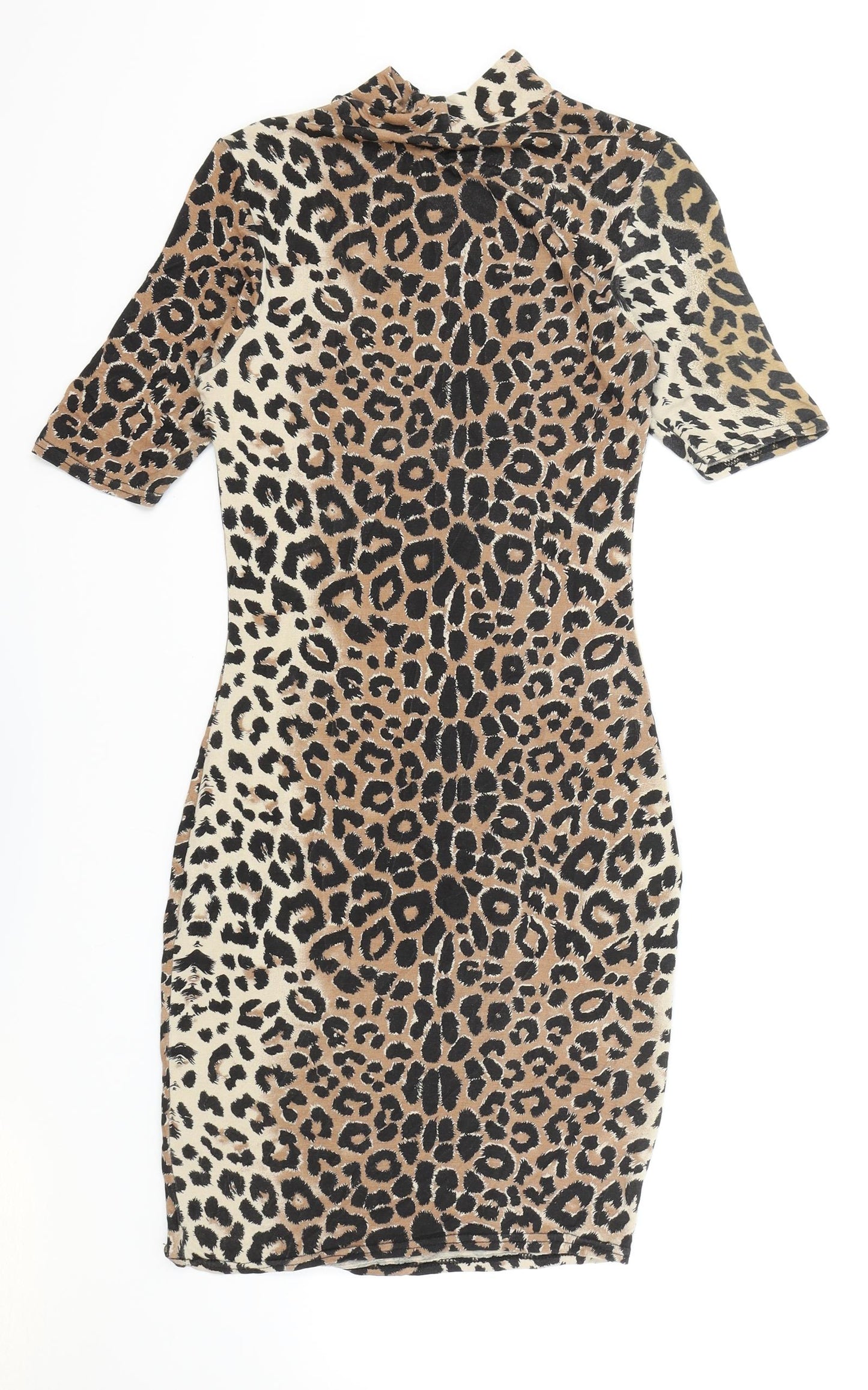 Boohoo Womens Brown Animal Print Viscose Bodycon Size 8 Mock Neck Pullover - Cheetah Print