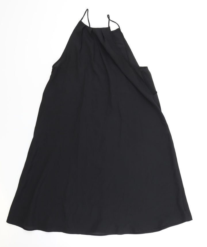 Boohoo Womens Black Polyester Slip Dress Size 10 Mock Neck Button