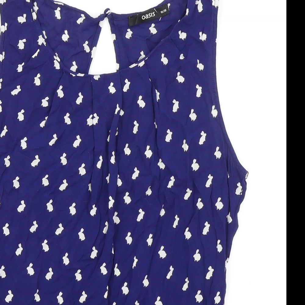 Oasis Womens Blue Geometric Viscose Basic Tank Size M Round Neck - Rabbit pattern