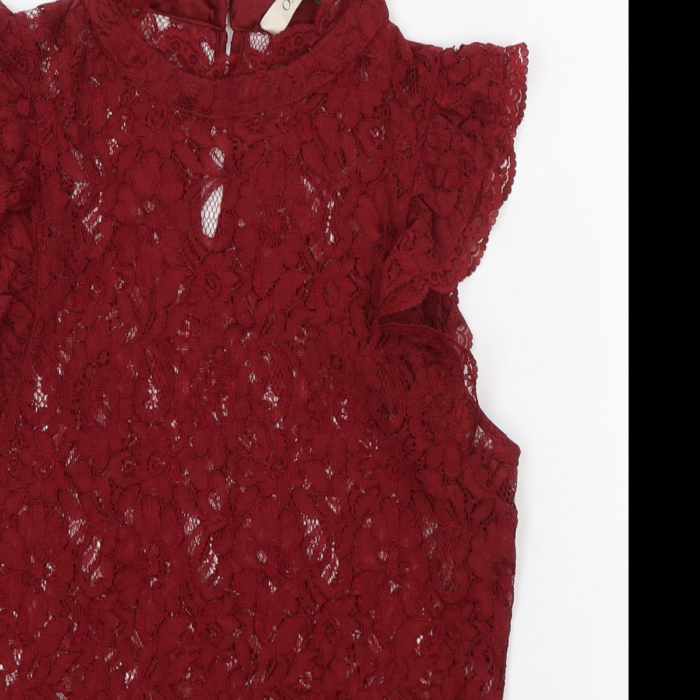 Oasis Womens Red Floral Viscose Basic Blouse Size M Mock Neck