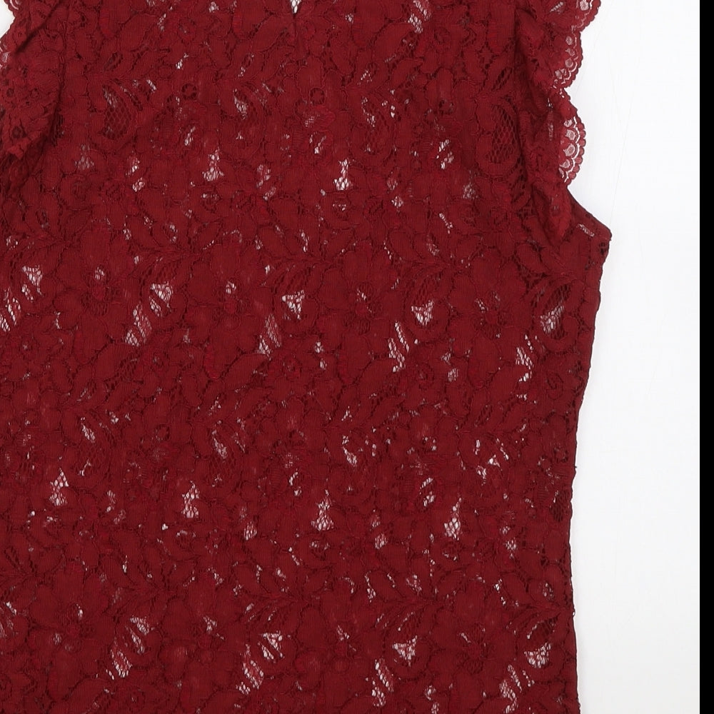 Oasis Womens Red Floral Viscose Basic Blouse Size M Mock Neck