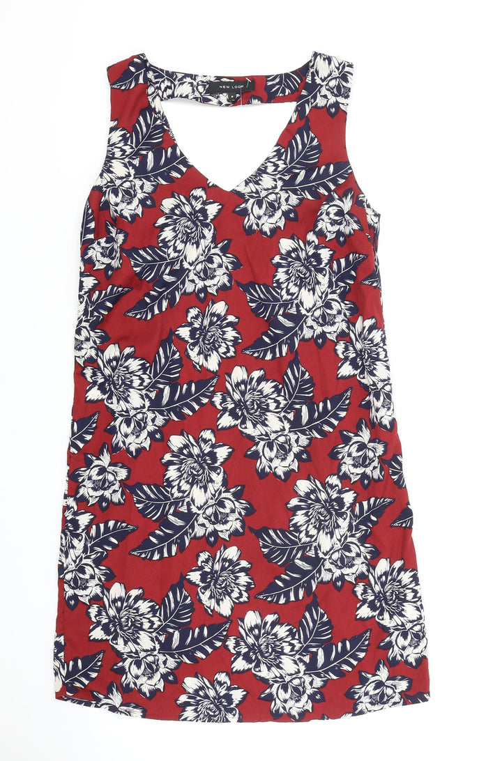 New Look Womens Red Floral Polyester Tank Dress Size 8 V-Neck Pullover