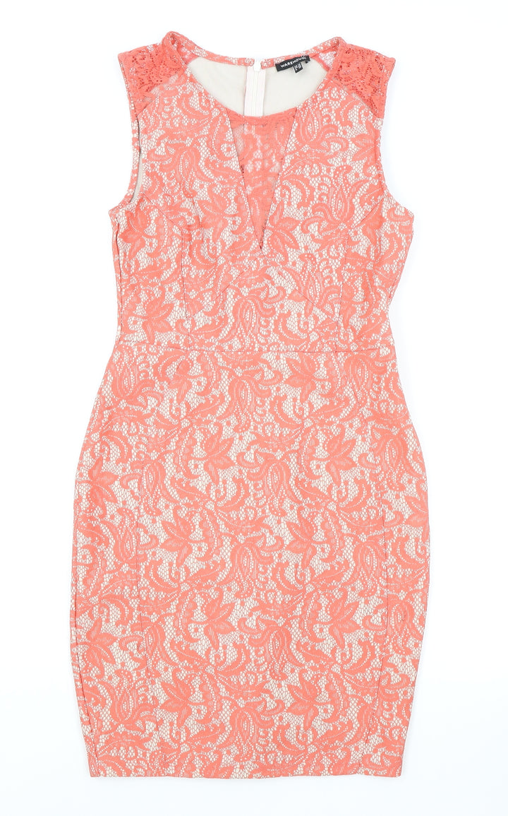 Warehouse Womens Pink Floral Polyester A-Line Size 10 Boat Neck Zip