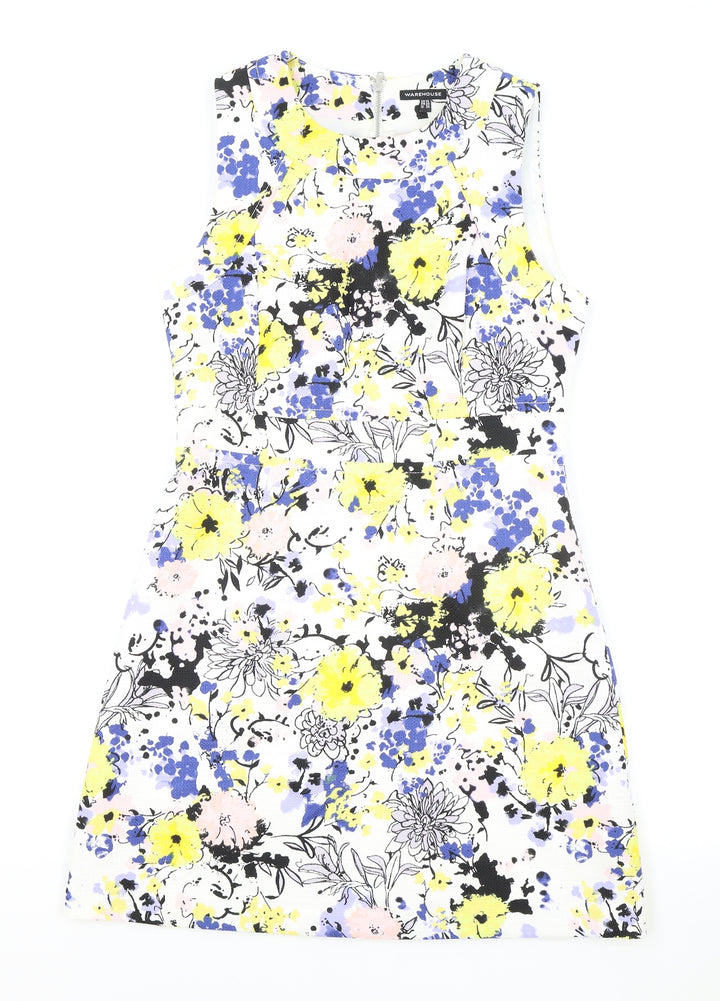 Warehouse Womens White Floral Polyester A-Line Size 10 Boat Neck Zip