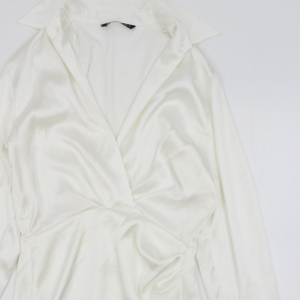 Zara Womens White Polyester Shirt Dress Size 6 Collared Zip
