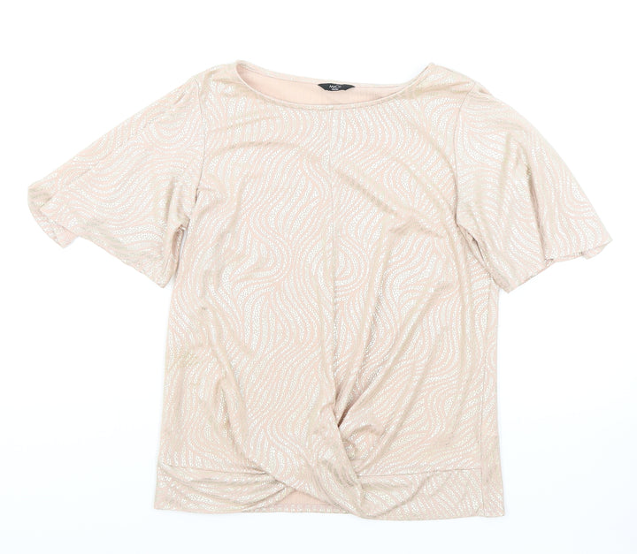M&Co Womens Pink Geometric Polyester Basic T-Shirt Size 8 Round Neck - Knot Detail