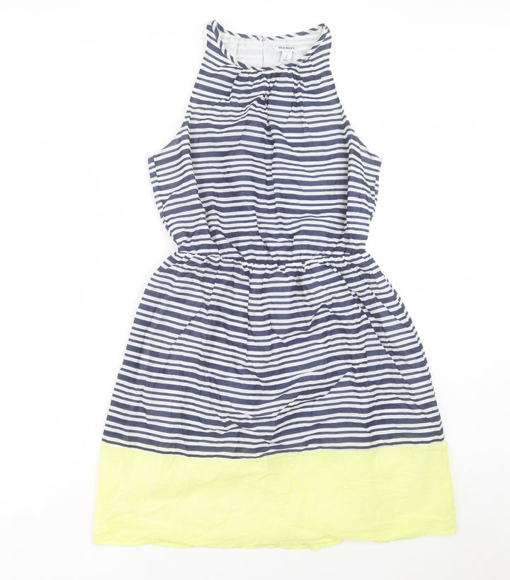 Old Navy Womens Blue Striped Cotton Fit & Flare Size S Crew Neck Button