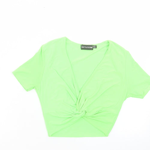 PRETTYLITTLETHING Womens Green Polyester Cropped T-Shirt Size 6 V-Neck - Twist Front