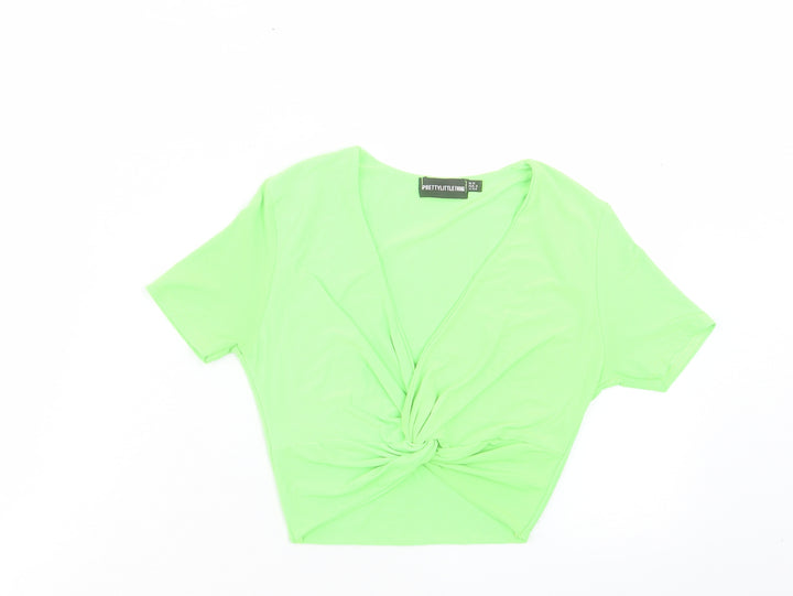 PRETTYLITTLETHING Womens Green Polyester Cropped T-Shirt Size 6 V-Neck - Twist Front