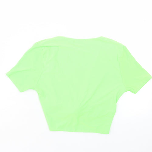 PRETTYLITTLETHING Womens Green Polyester Cropped T-Shirt Size 6 V-Neck - Twist Front