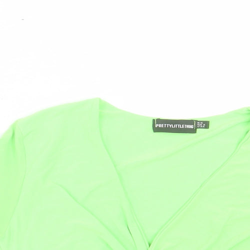 PRETTYLITTLETHING Womens Green Polyester Cropped T-Shirt Size 6 V-Neck - Twist Front