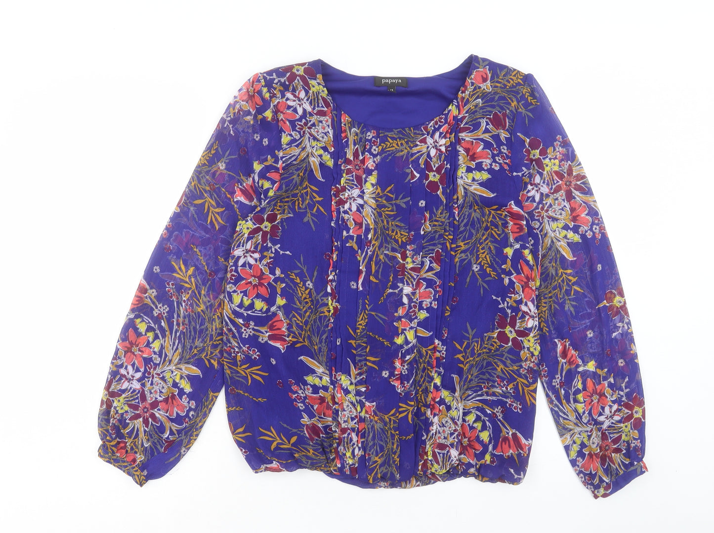 Papaya Womens Blue Floral Polyester Basic Blouse Size 12 Scoop Neck