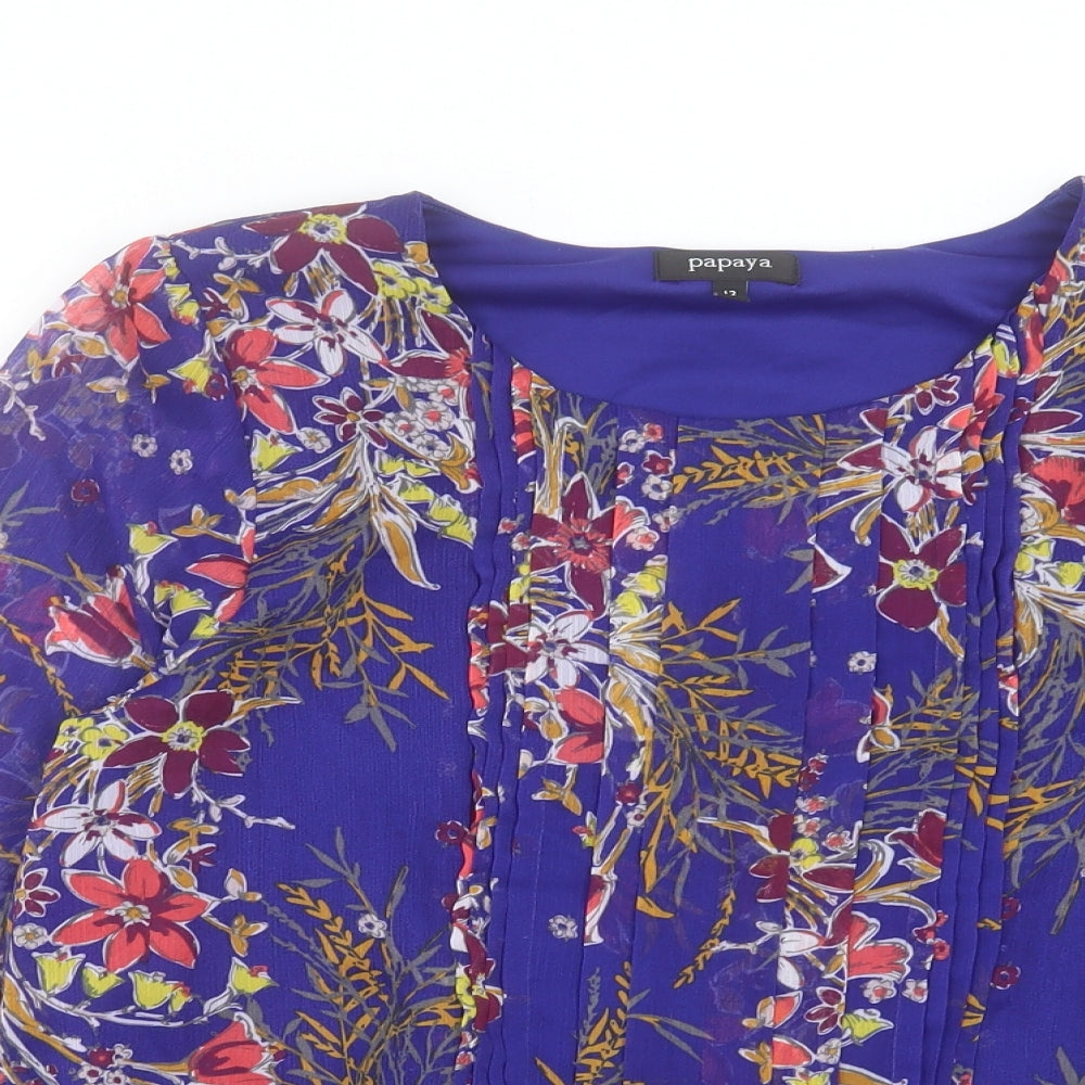 Papaya Womens Blue Floral Polyester Basic Blouse Size 12 Scoop Neck