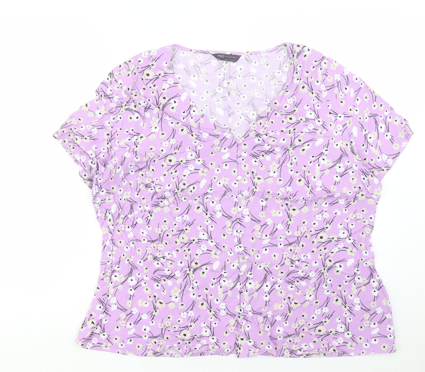 Marks and Spencer Womens Purple Floral Viscose Basic T-Shirt Size 20 V-Neck