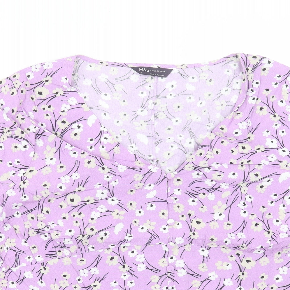 Marks and Spencer Womens Purple Floral Viscose Basic T-Shirt Size 20 V-Neck