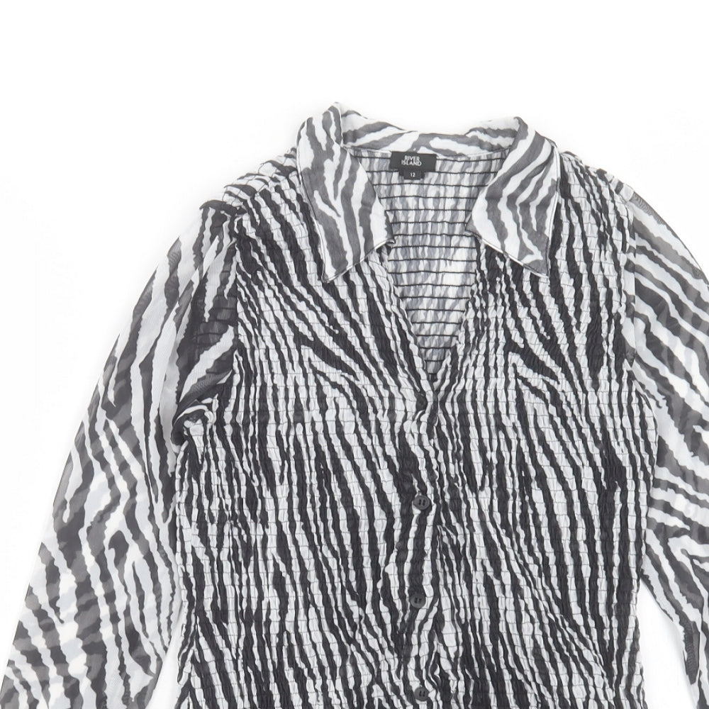 River Island Womens White Animal Print Polyester Basic Blouse Size 12 Collared