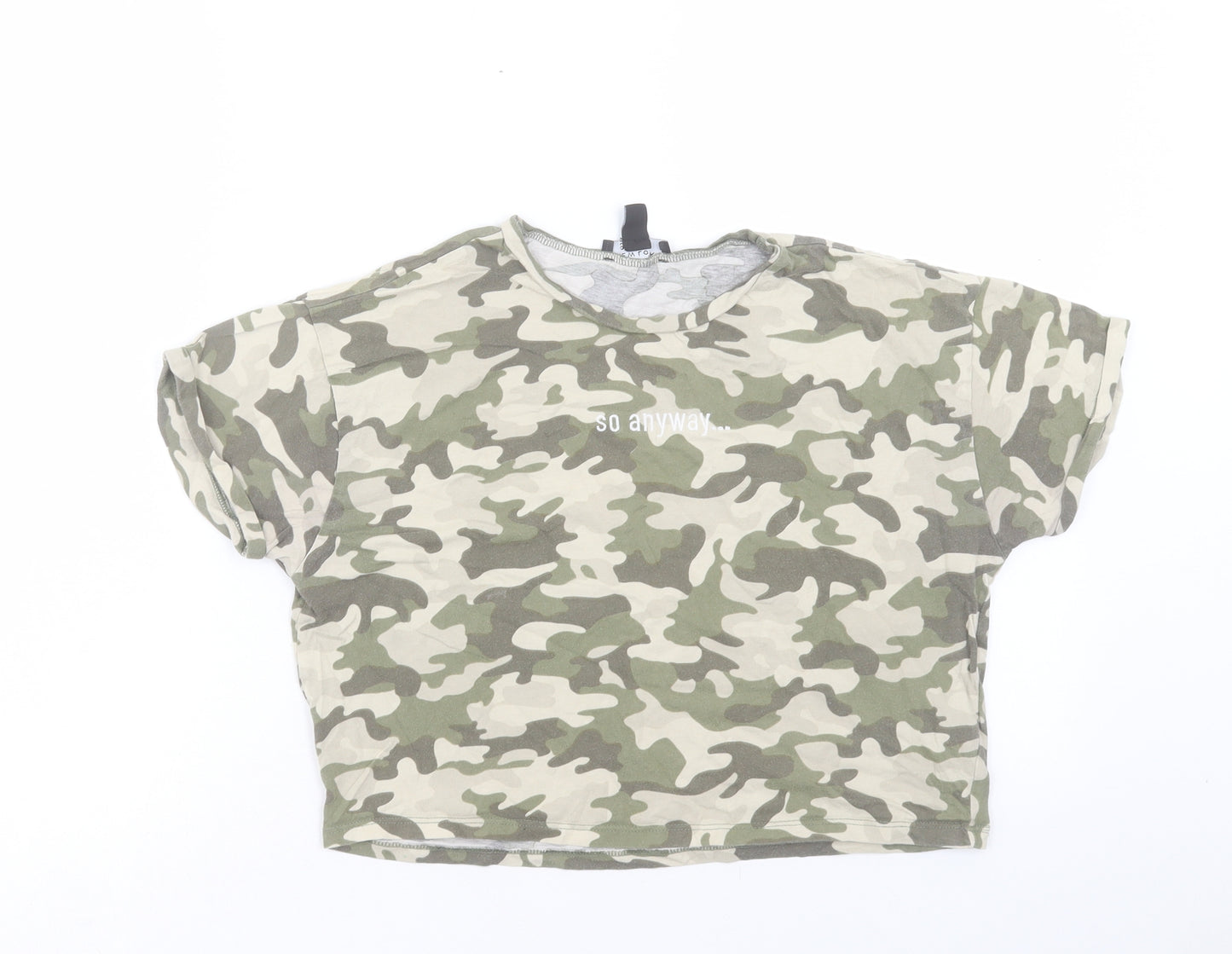 NEXT Girls Green Camouflage Cotton Cropped T-Shirt Size 14-15 Years Crew Neck Pullover - So Anyway...