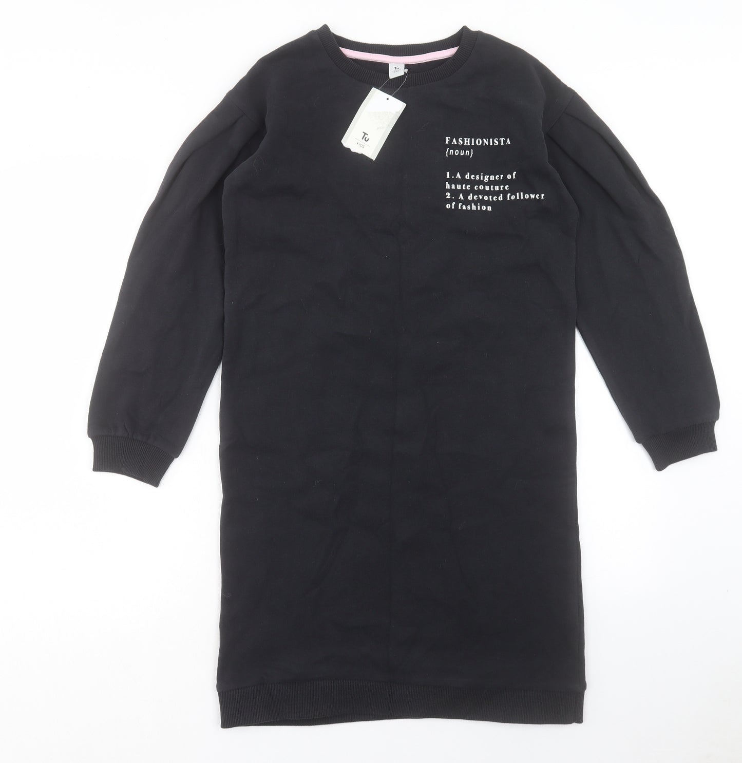 TU Girls Black Cotton Jumper Dress Size 11 Years Crew Neck Pullover
